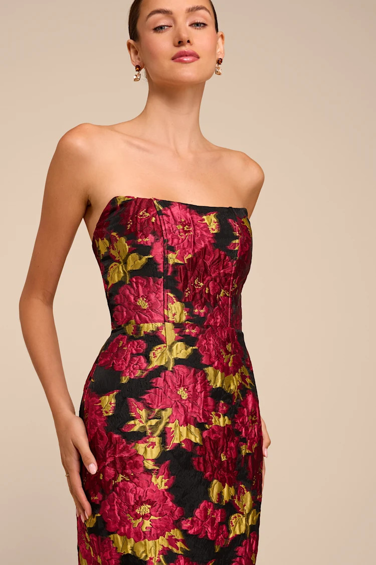 Tatianna Black Floral Jacquard Strapless Maxi Dress | Lulus