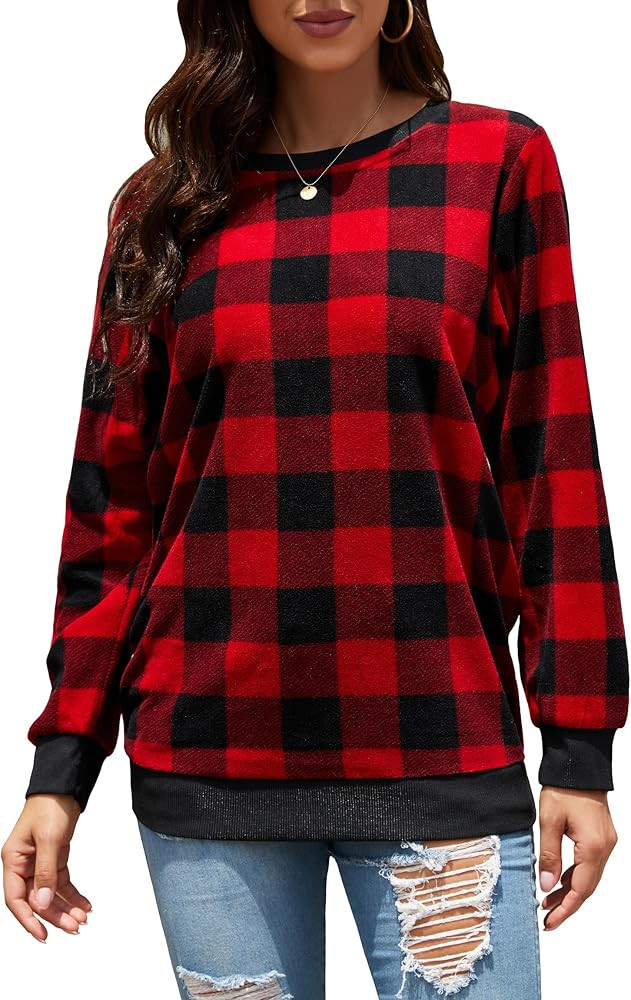 Plaid Sweaters for Womens Christmas Sweatshirt Casual Pullover Long Sleeve Fuzzy Chunky Warm Tuni... | Amazon (US)