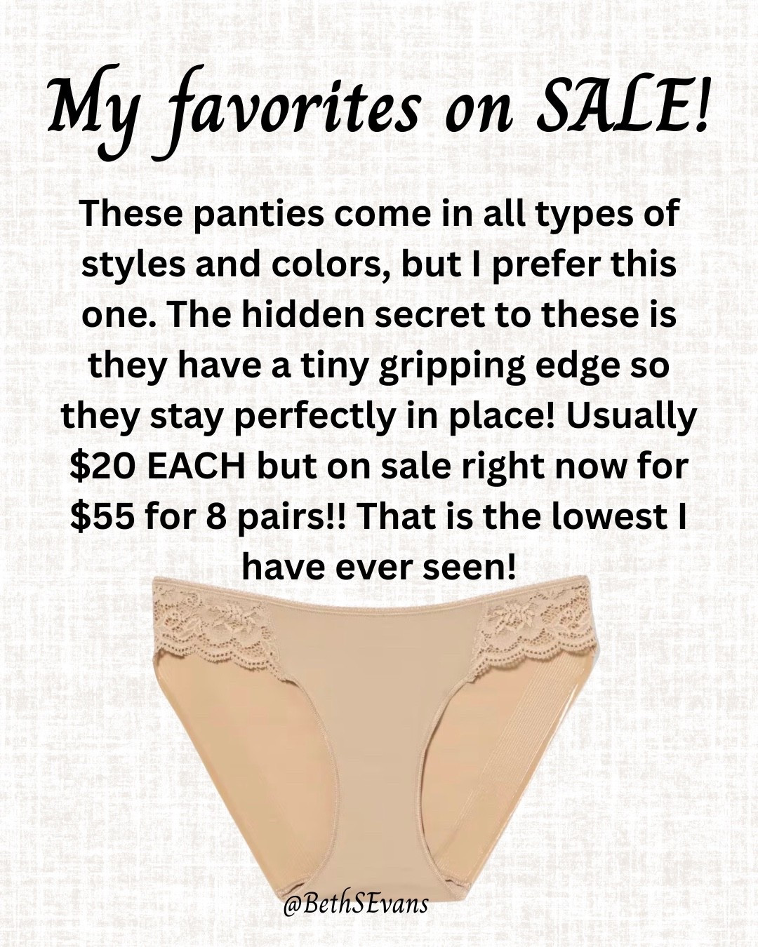 Try these and tell me they aren’t absolutely amazing! Anyone that has tried them loves them. You can get any style you want if you don’t like the lace or bikini style. Just make sure to get the ones labeled “Vanishing” as those are the ones that stay put and vanish under your clothes! This is the best sale I have ever seen them on! I wear a medium and they are true to size!

#LTKSaleAlert #LTKOver40 #LTKMidsize