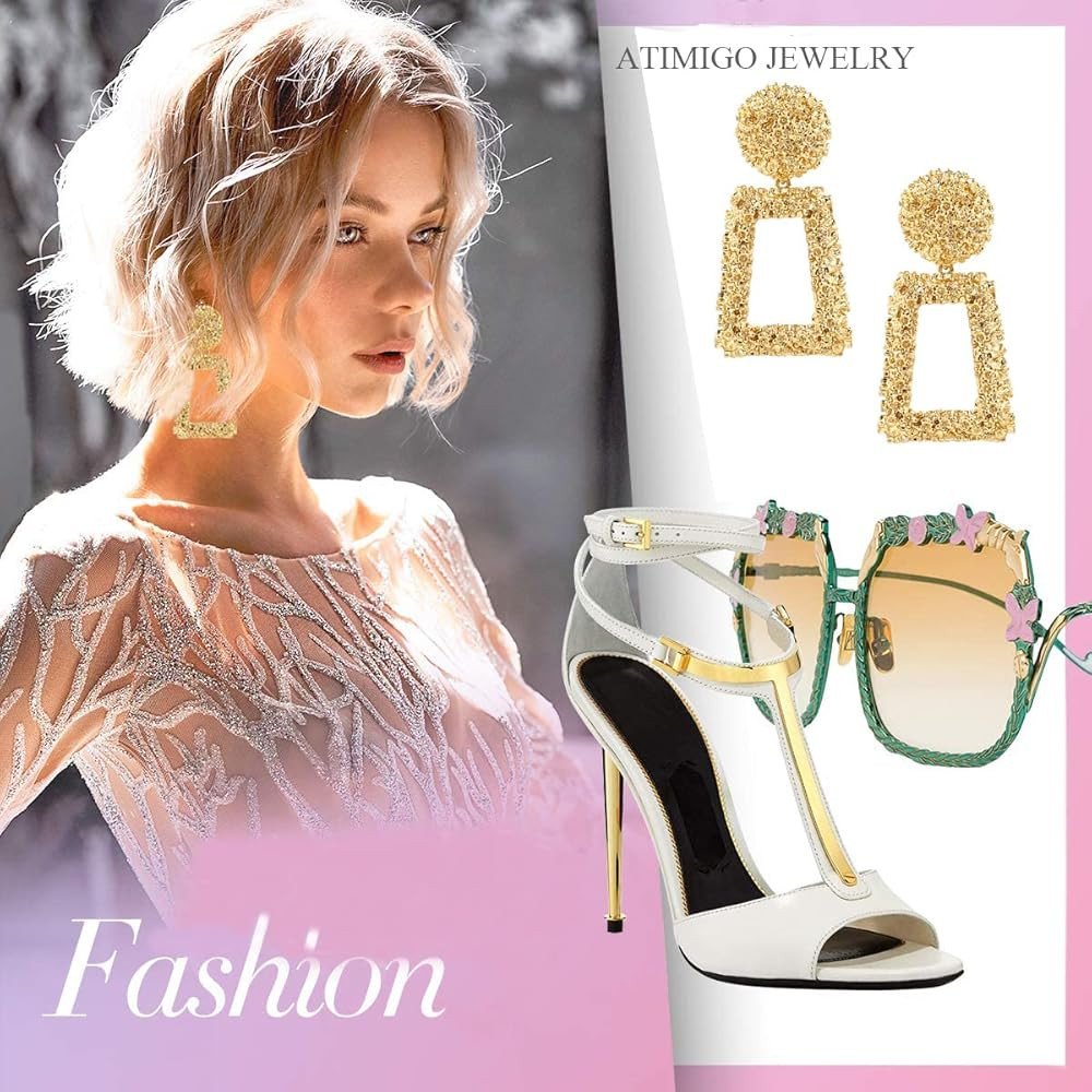 ATIMIGO Statement Drop Earrings Large Metal Rectangle Geometric Dangle Earrings Silver/Gold for W... | Amazon (US)