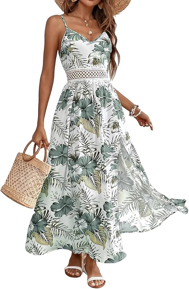 Women's Spaghetti Straps Floral Maxi Dress Boho Summer Sleeveless V-Neck Flowy Dress for Beach Ha... | Amazon (US)