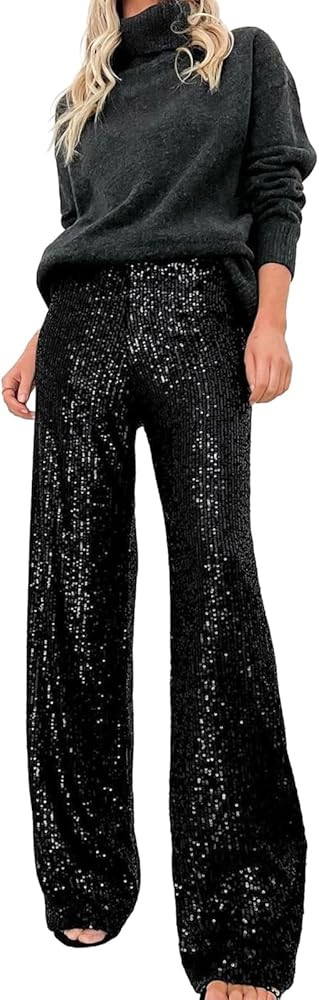 Women Sequin Flared Trousers High Waisted Sparkly Wide Leg Trousers Party Clubwear Shiny Bell Bot... | Amazon (US)