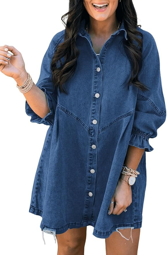Sidefeel Womens Smocked 3 4 Sleeve Button Down Denim Jeans Dresses | Amazon (US)