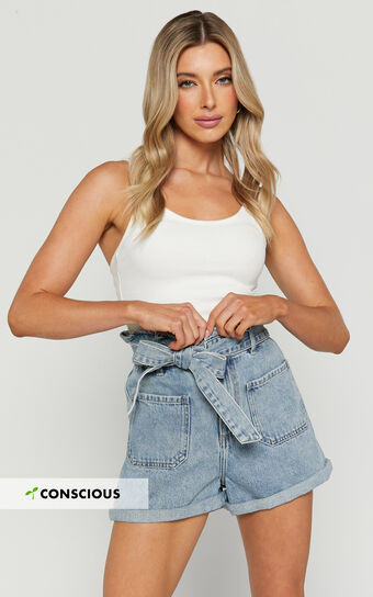 Amber Shorts - Recycled Cotton Denim Shorts with Paper Bag Waist in Light Blue Wash | Showpo (ANZ)