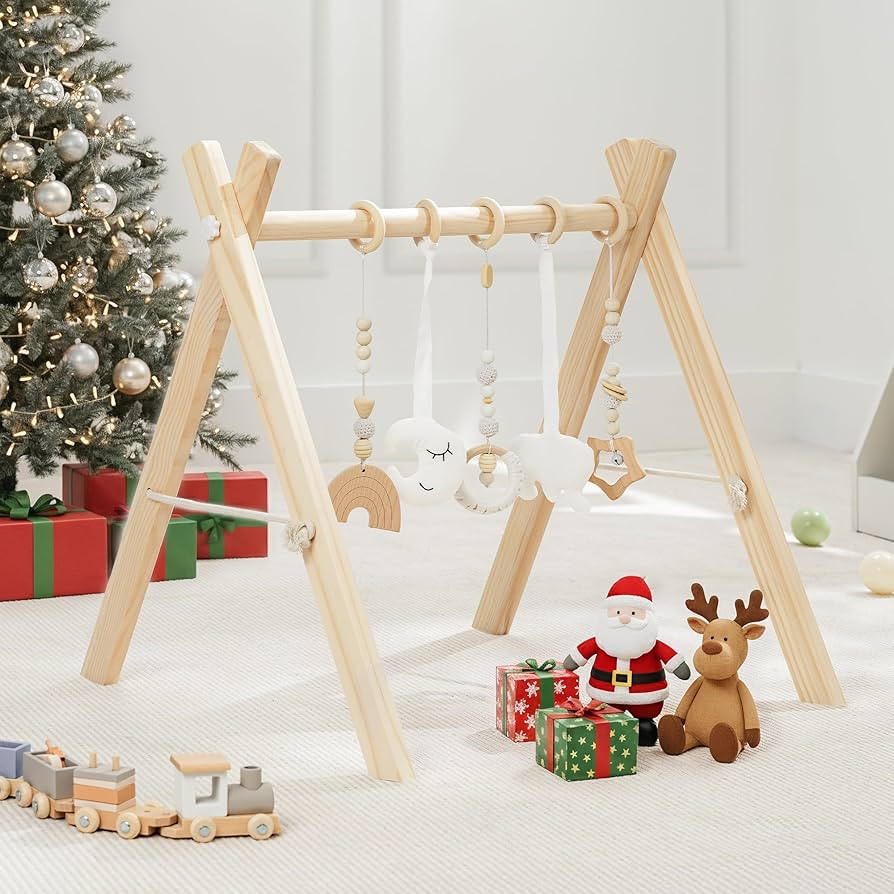 Comfy Cubs Wooden Baby Play Gym - Natural Finish Pinewood Baby Activity Gym with 5 Sensory Hangin... | Amazon (US)