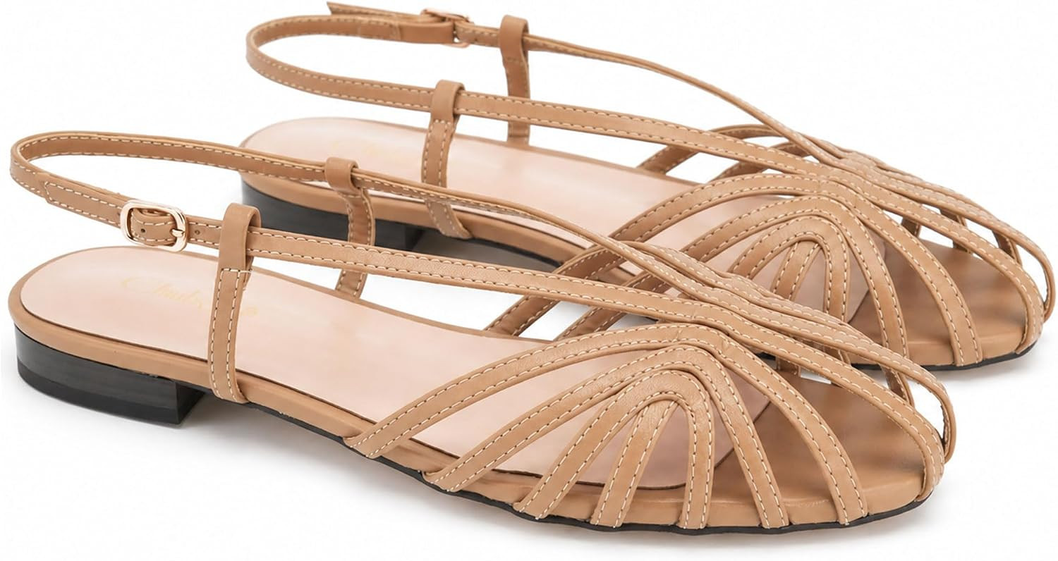 Square Toe Slingback Flat Sandals for Women Low heel Ankle Buckle Strap Sandals Slip on Slides Summer Casual Slipper Shoes | Amazon (US)