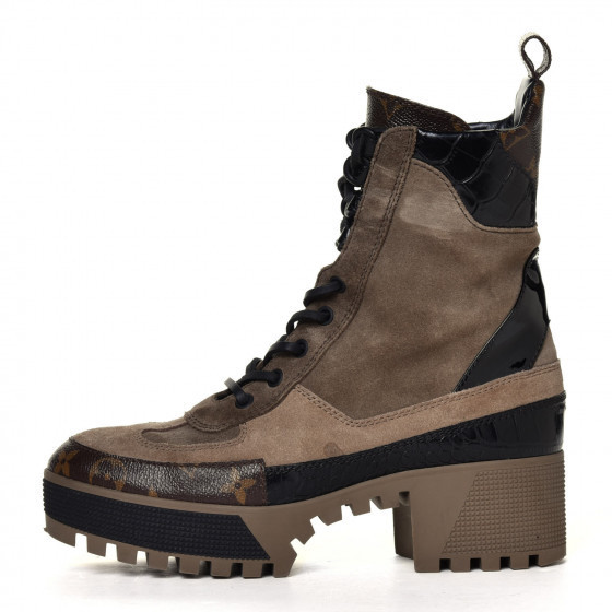 LOUIS VUITTON Suede Calfskin Monogram Laureate Platform Desert Boots 37.5 Taupe | Fashionphile