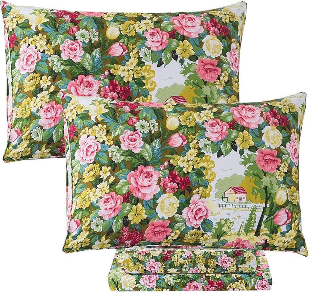 FADFAY Shabby Floral Sheet Set Queen Size 100% Cotton Soft Vintage Garden Flower Green Bed Sheet ... | Amazon (US)