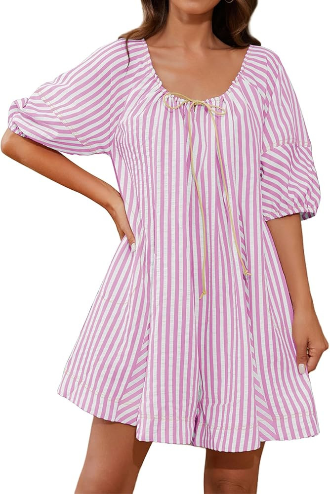 Women Striped Summer Rompers Puff Short Sleeve Oversized Short Jumpsuits with Pockets Trendy Vaca... | Amazon (US)