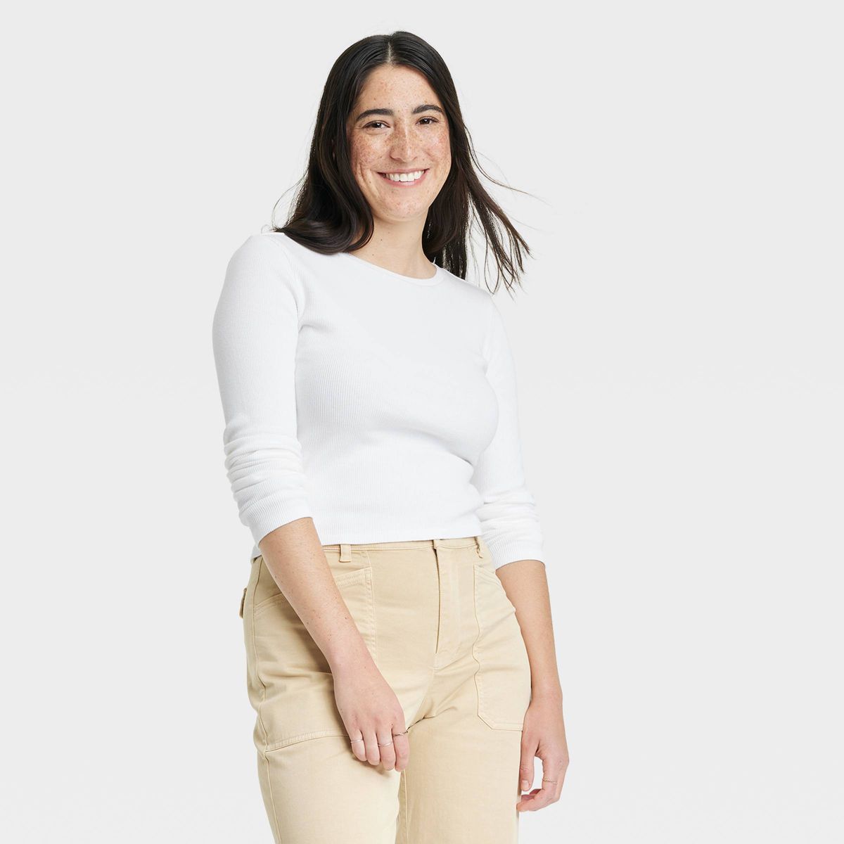 Women's Long Sleeve Shrunken Rib T-Shirt - Universal Thread™ White XL | Target
