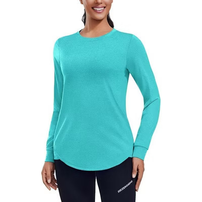 Pinspark Long Sleeve Workout Tops for Women Athletic Hiking Shirt Crew Neck Yoga Top Lightweight Rash Guard-Turquoise-S | Target