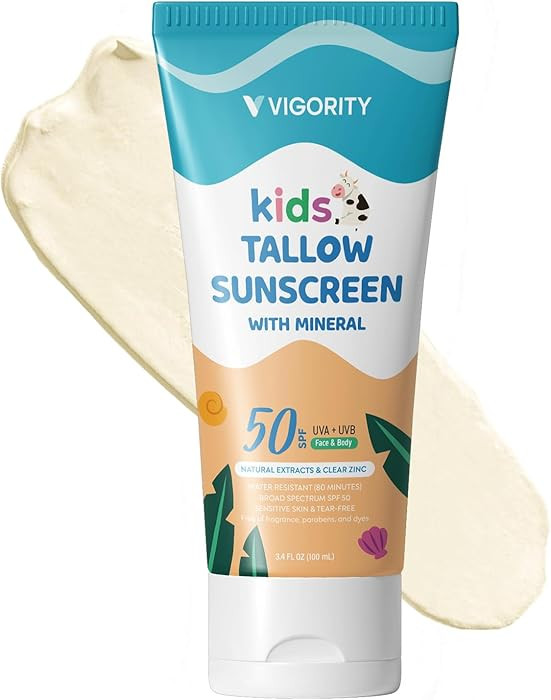 Beef Tallow Sunscreen for Kids with Zinc Oxide: Natural Non-Toxic SPF 50 Tallow Sunblock Cream - ... | Amazon (US)