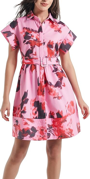 D-Sun Women Button Down Shirt Dress V-Neck Floral Printed Short Sleeve Mini Dress Casual Belted S... | Amazon (US)