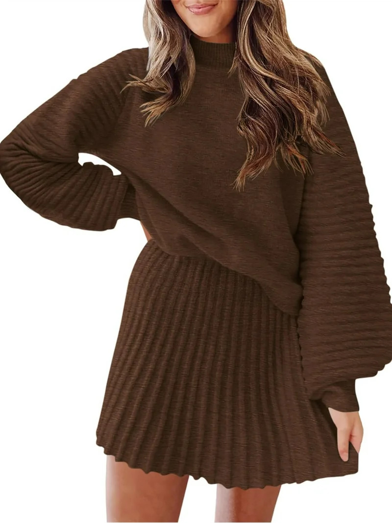 Women's 2 Piece Outfits Long Sleeve Mock Neck Ribbed Sweaters & Mini Skirt 2 Piece Sets | Walmart (US)