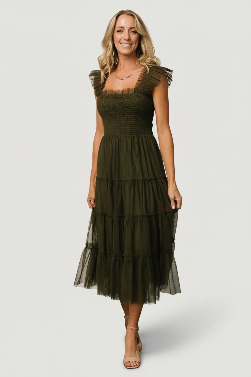 Emma Smocked Tulle Midi Dress — Dark Olive | Baltic Born | Baltic Born