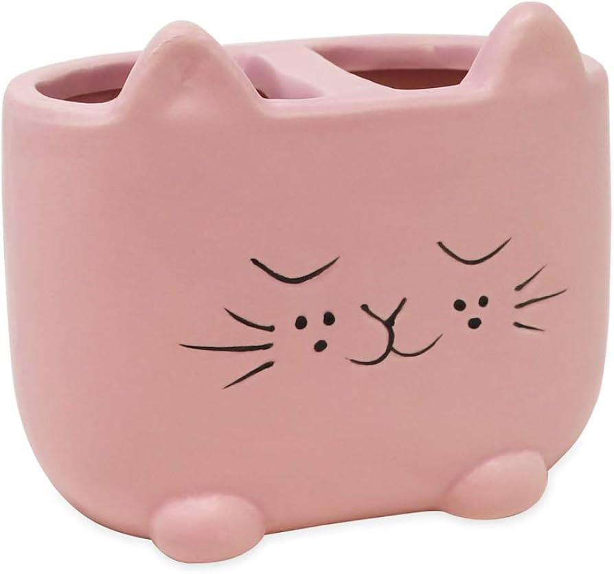 Isaac Jacobs Pink Ceramic Cat Makeup Brush Holder, Multi-Purpose 2-Section Organizer. Bathroom, K... | Amazon (US)