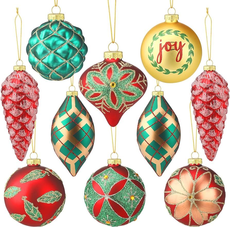 Suzile 10 Pcs Glass Christmas Ornaments Vintage Red Green and Gold Hanging Ornaments for Christma... | Amazon (US)