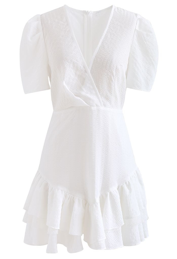 Lace Inserted Embossed Tiered Mini Dress in White | Chicwish