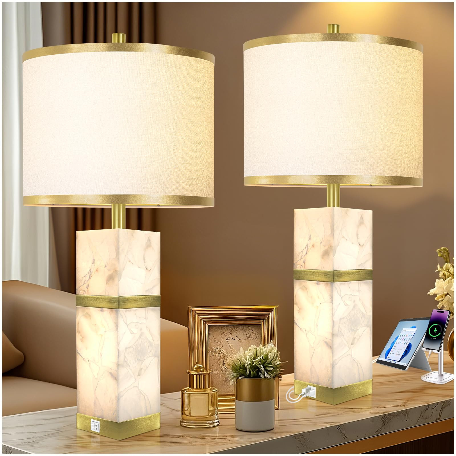 Natural Alabaster Table Lamps Set of 2 - Table Lamp with Night Light for Bedroom,Nightstand Lamps... | Amazon (US)