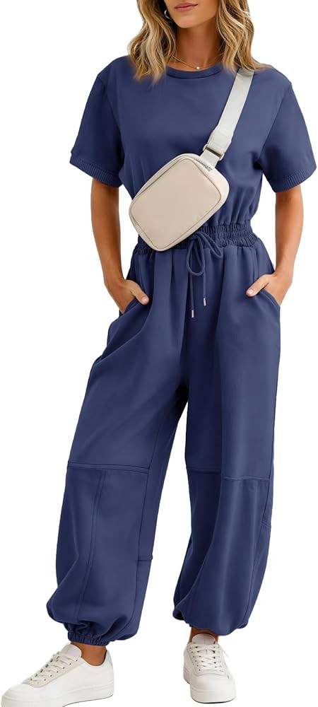 Flygo One Piece Jumpsuits for Women Crewneck Short Sleeve Casual Wide Leg Long Pants Drawstring R... | Amazon (US)