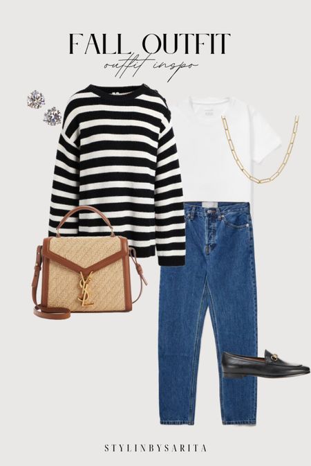 White t-shirt, jeans, loafers, necklace, ysl shoulder handbag, striped sweater, fall outfits, casual fall outfit 

#LTKstyletip #LTKunder50 #LTKFind