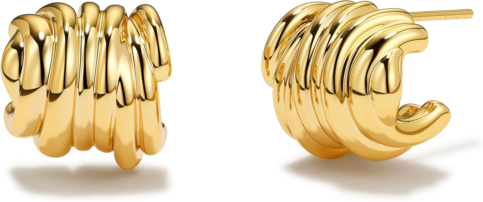 Chunky Gold Earrings for Women, 18K Gold Plated Striped Ridged Statement Gold Hoop Earrings Hypoa... | Amazon (US)