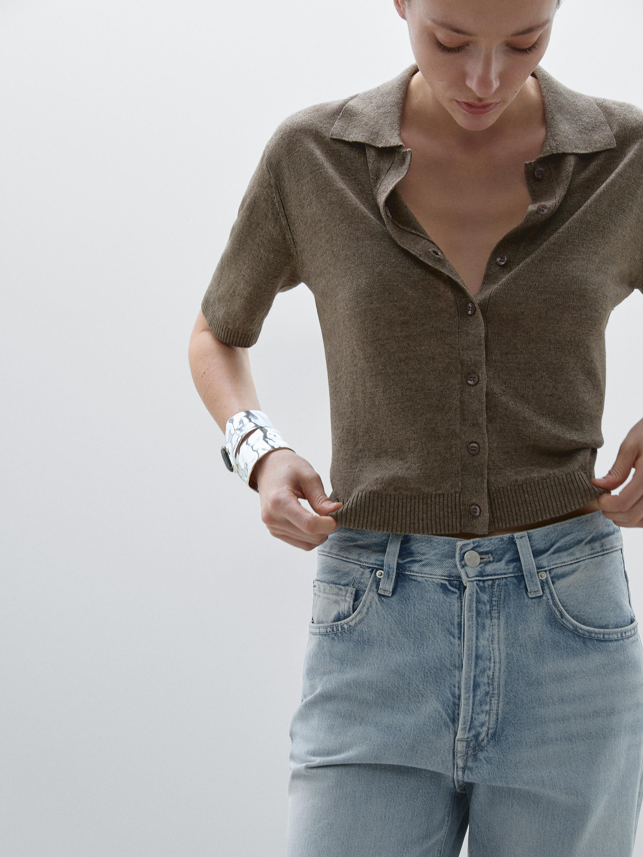 Cotton blend high-waist straight-leg jeans | Massimo Dutti UK