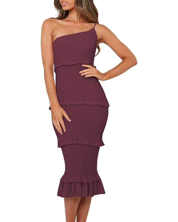 PRETTYGARDEN Women's Summer Midi Bodycon Dresses One Shoulder Strappy Tiered Ruffle Floral Boho S... | Amazon (US)