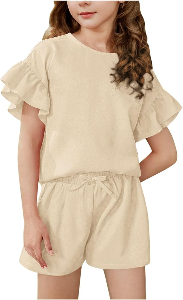 Teen Girls 2 Piece Outfits Loose Fit Solid Crewneck Ruffle Hem Tee with Shorts Casual Summer Shor... | Amazon (US)