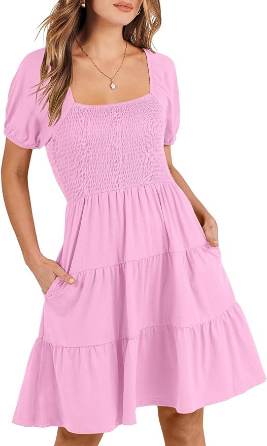 ANRABESS Women's Summer Mini Dresses 2024 Casual Square Neck Smocked Puff Sleeve Cute Short Dress | Amazon (US)