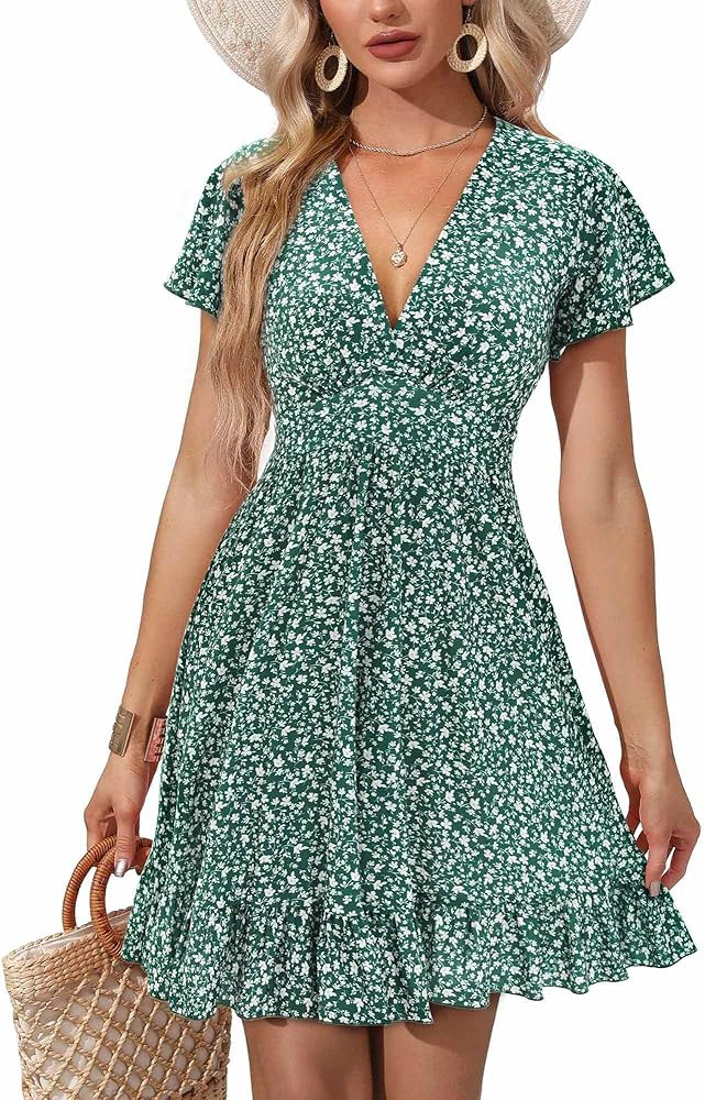 TORARY Womens Summer Dresses 2024 Floral Cap Sleeve Wrap V Neck Ruffle A-Line Sun Dress | Amazon (US)