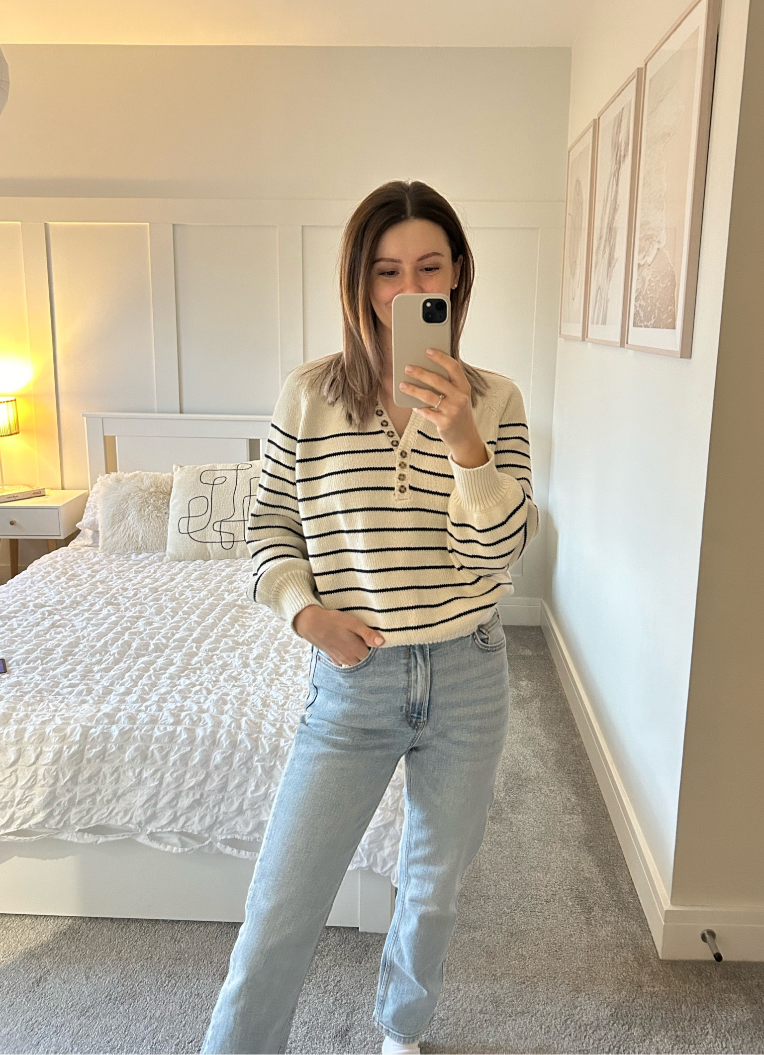 Simple minimalist mom outfit. Striped leontine Sezane jumper, Stradivarius slim mom jeans 

#LTKuk #LTKeurope