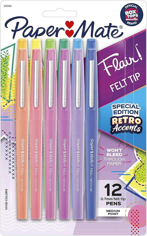 Paper Mate Flair Felt Tip Pens, Medium Point (0.7mm), Assorted, Special Edition Retro Accents, 12... | Amazon (US)