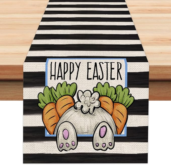 ARKENY Happy Easter Rabbit Carrot Stripes Table Runner 13x72 Inches Seasonal Spring Decor Bunny H... | Amazon (US)