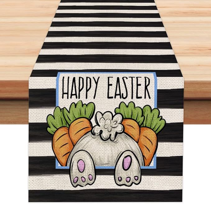 ARKENY Happy Easter Rabbit Carrot Stripes Table Runner 13x72 Inches Seasonal Spring Decor Bunny H... | Amazon (US)