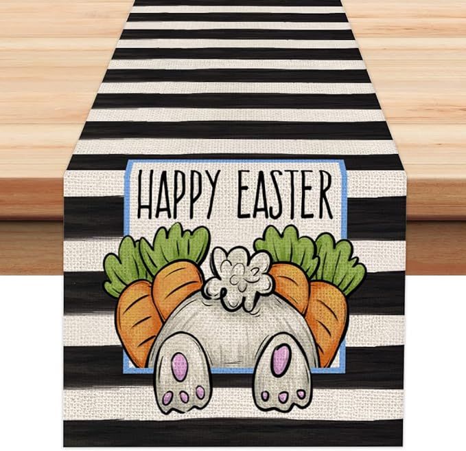 ARKENY Happy Easter Rabbit Carrot Stripes Table Runner 13x72 Inches Seasonal Spring Decor Bunny H... | Amazon (US)