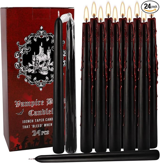 24 Pack Vampire Tears Taper Candles, 10 inch Tall Bleeding Candles, Unscented Black Tapered Candl... | Amazon (US)