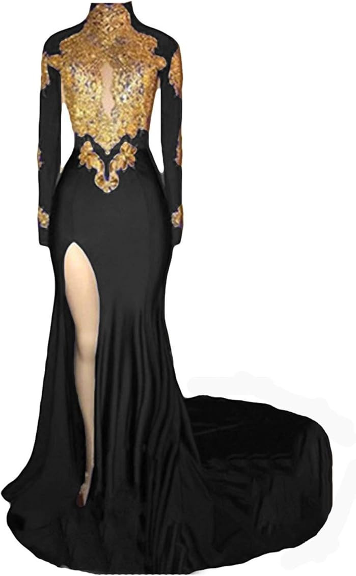 Graceprom Women's Black Long Sleeves Gold Mermaid Prom Evening Dress | Amazon (US)