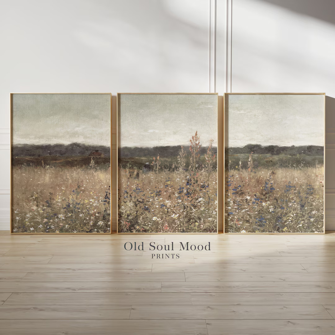 Wall Art Set of 3 Neutral Landscape, Wildflower Landscape Painting Set of Three, Triptych, Antiqu... | Etsy (US)