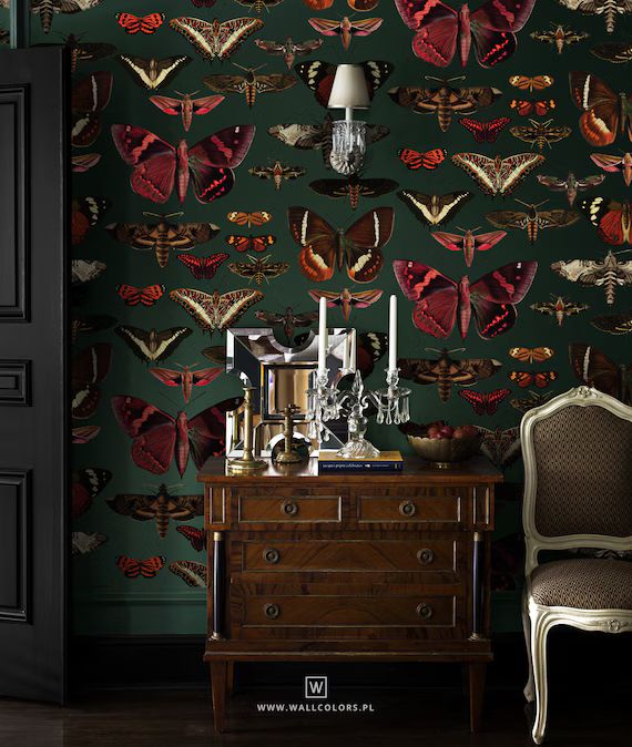 removable vintage wallpaper, butterflies pattern, dark green background, unique graphics, botanic... | Etsy (US)