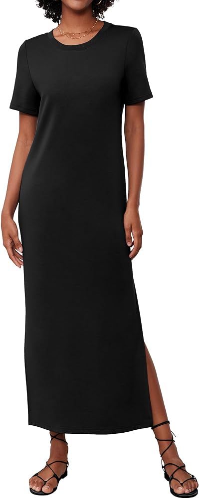 Women's Short Sleeve Double Split Maxi Dress 2024 Summer Casual Plain Striped Loose Long T Shirt ... | Amazon (US)