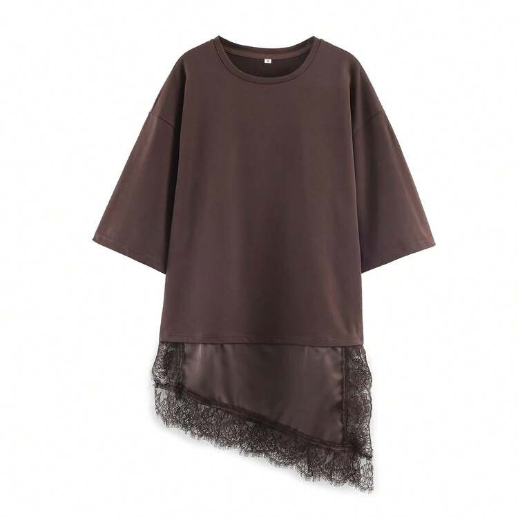 Lace Asymmetric Short Sleeve T-Shirt, Vintage Round Neck Versatile Top | SHEIN