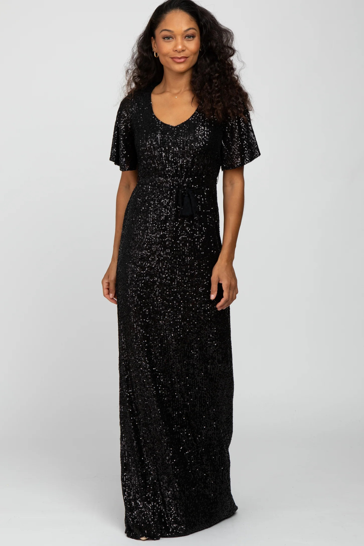 Black Sequin Short Sleeve Maternity Maxi Dress | PinkBlush Maternity