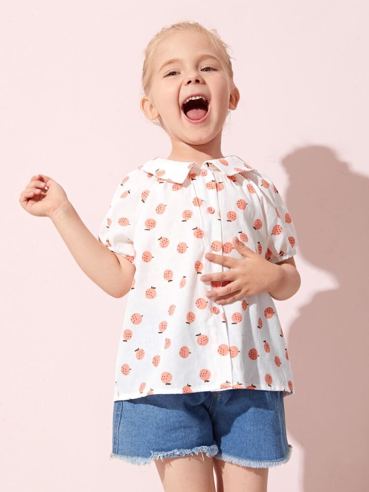 SHEIN Toddler Girls Puff Sleeve Allover Print Blouse | SHEIN