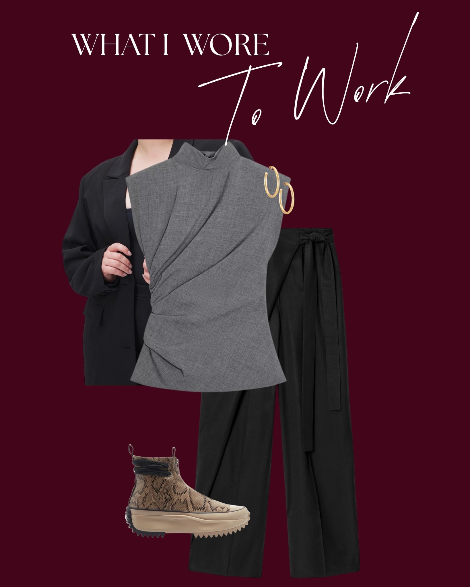 Grey tailored top paired with a classic black blazer, black pants and statement snake print platform sneakers. 

#LTKootd #LTKMidsize #LTKWorkwear