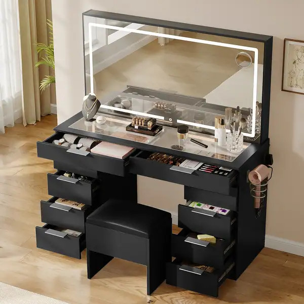 Moasis Black 10-Drawer Cosmetic Vanity Desk Set with Glass Tabletop Makeup Vanity with LED Strip ... | Bed Bath & Beyond