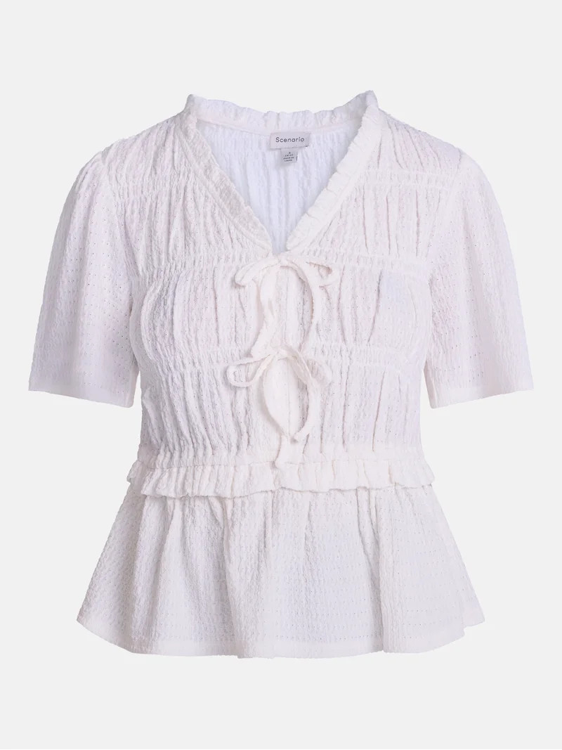 Scenario Women's and Women's Plus Textured Tie Front Top, Sizes XS-4X | Walmart (US)