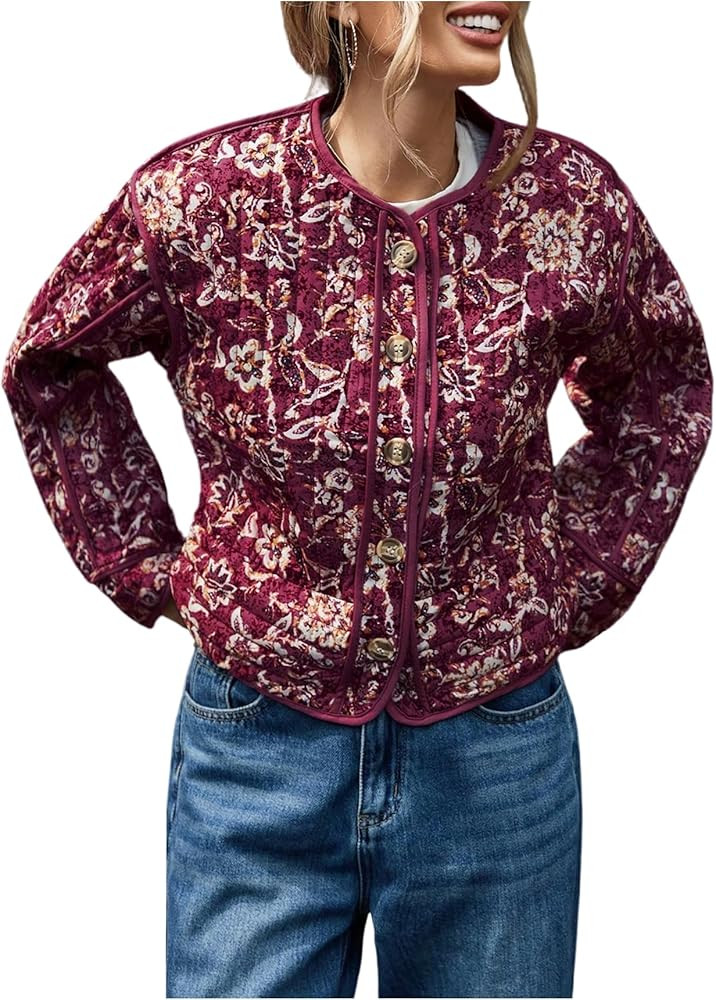 SOLY HUX Women's Floral Print Quilted Jacket Button Down Long Sleeve Lightweight Padded Puffer Co... | Amazon (US)