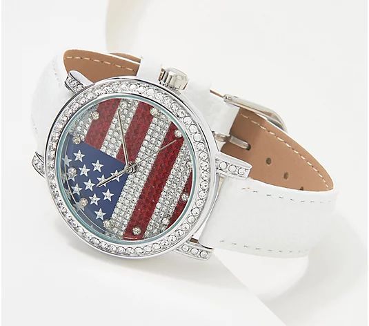 Diamonique American Flag Leather Strap Watch Stainless Steel - QVC.com | QVC