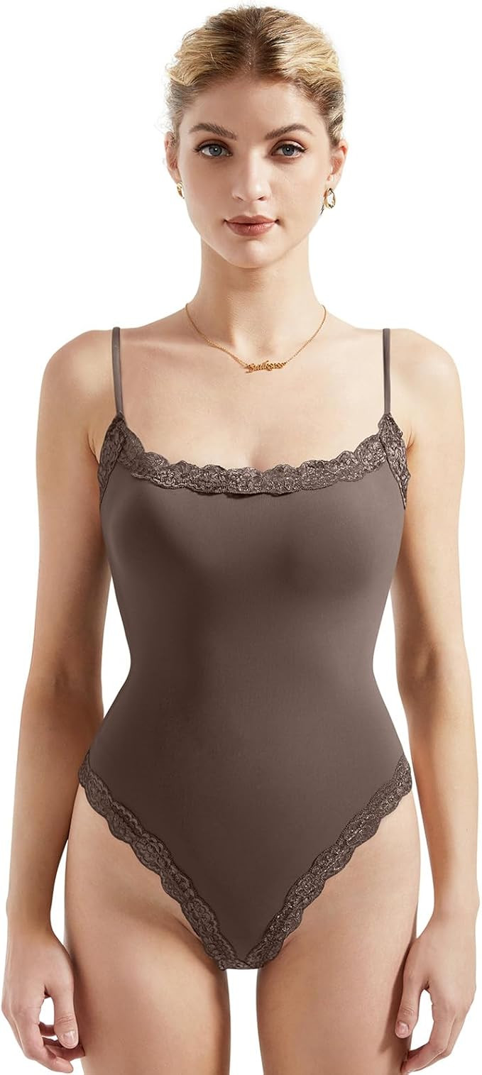 SUUKSESS Women Square Neck Lace Bodysuit Sleeveless Spaghetti Strap Tank Top | Amazon (US)